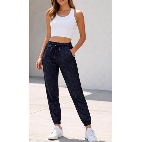 Athleta Pants - Athleta Brooklyn Jogger Navy Blue Snakeskin Print Pants Size 8 Black Side Stripe